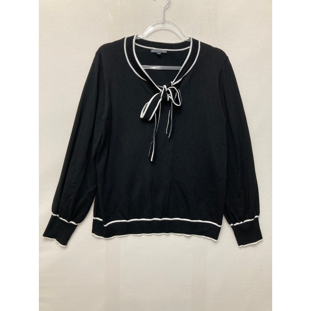 Adrianna Papell Tie Neck Sweater XL Black White Contrast Trim Stretch Preppy